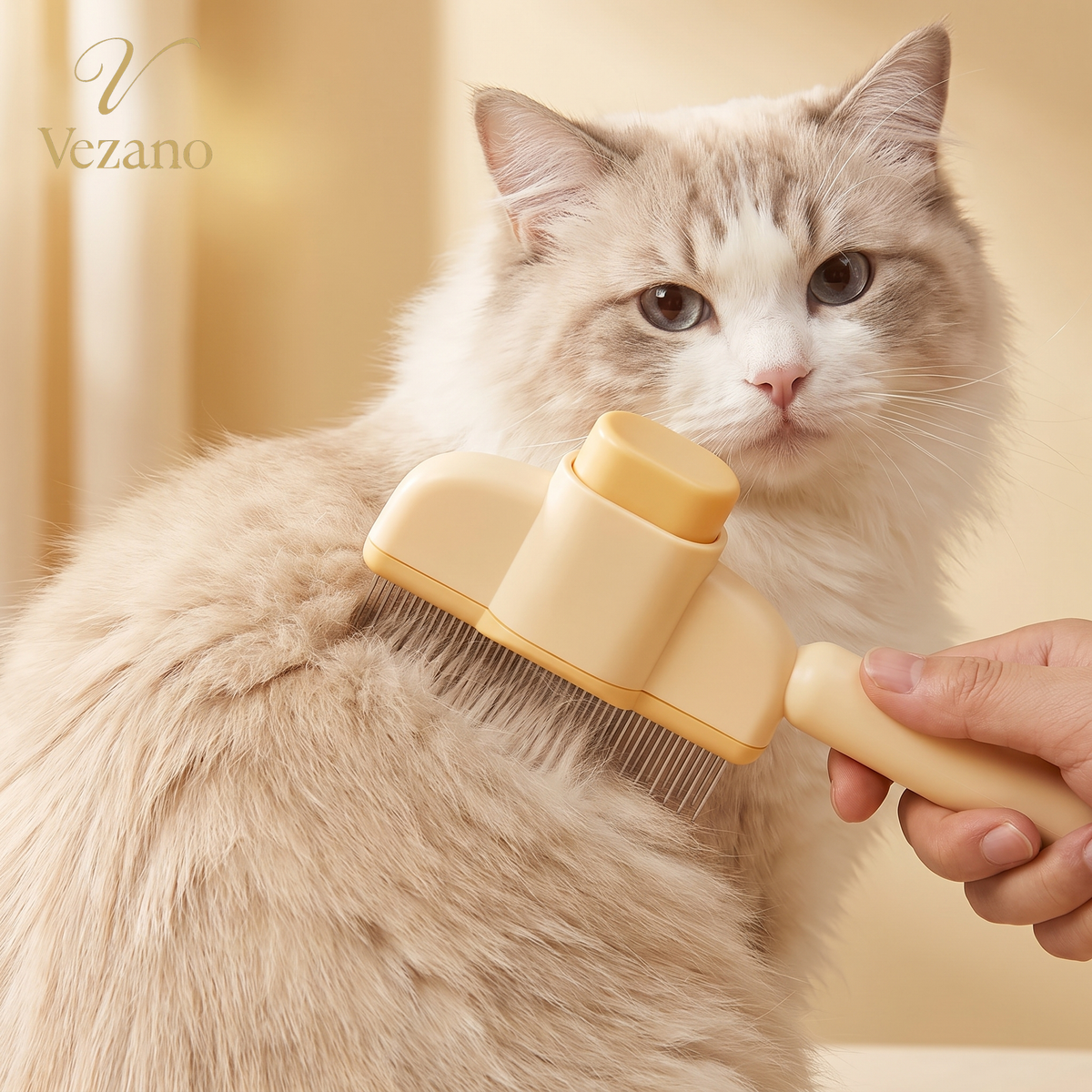 Vezano zelfreinigende ontharingsborstel crème kleur - kat wordt geborsteld