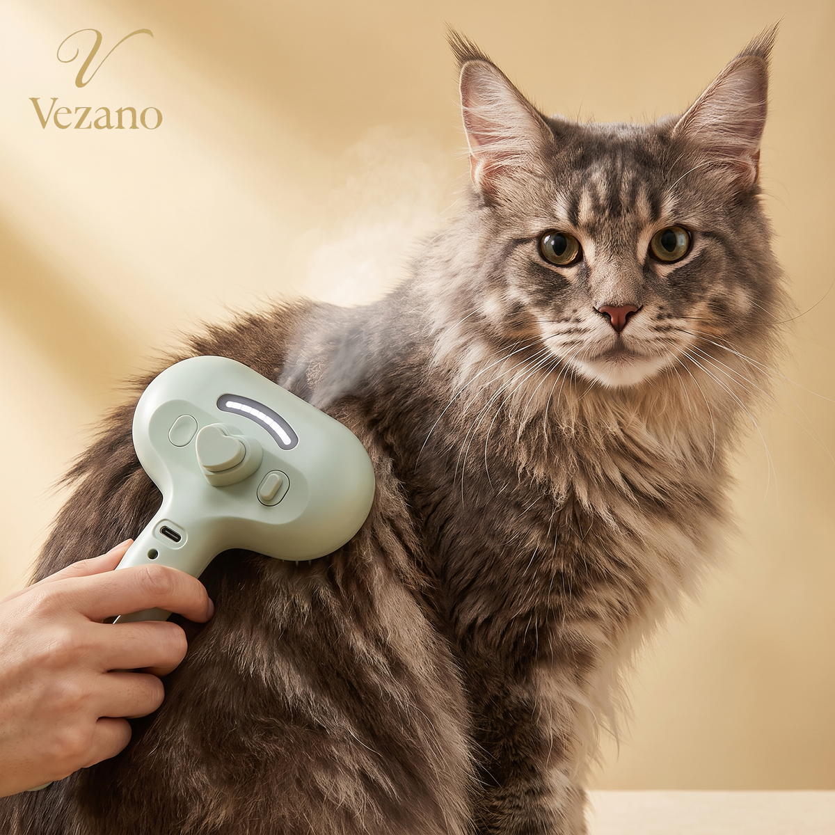 Vezano Stoom Verzorgingsborstel - Maine Coon kat wordt geborsteld, bedieningspaneel zichtbaar