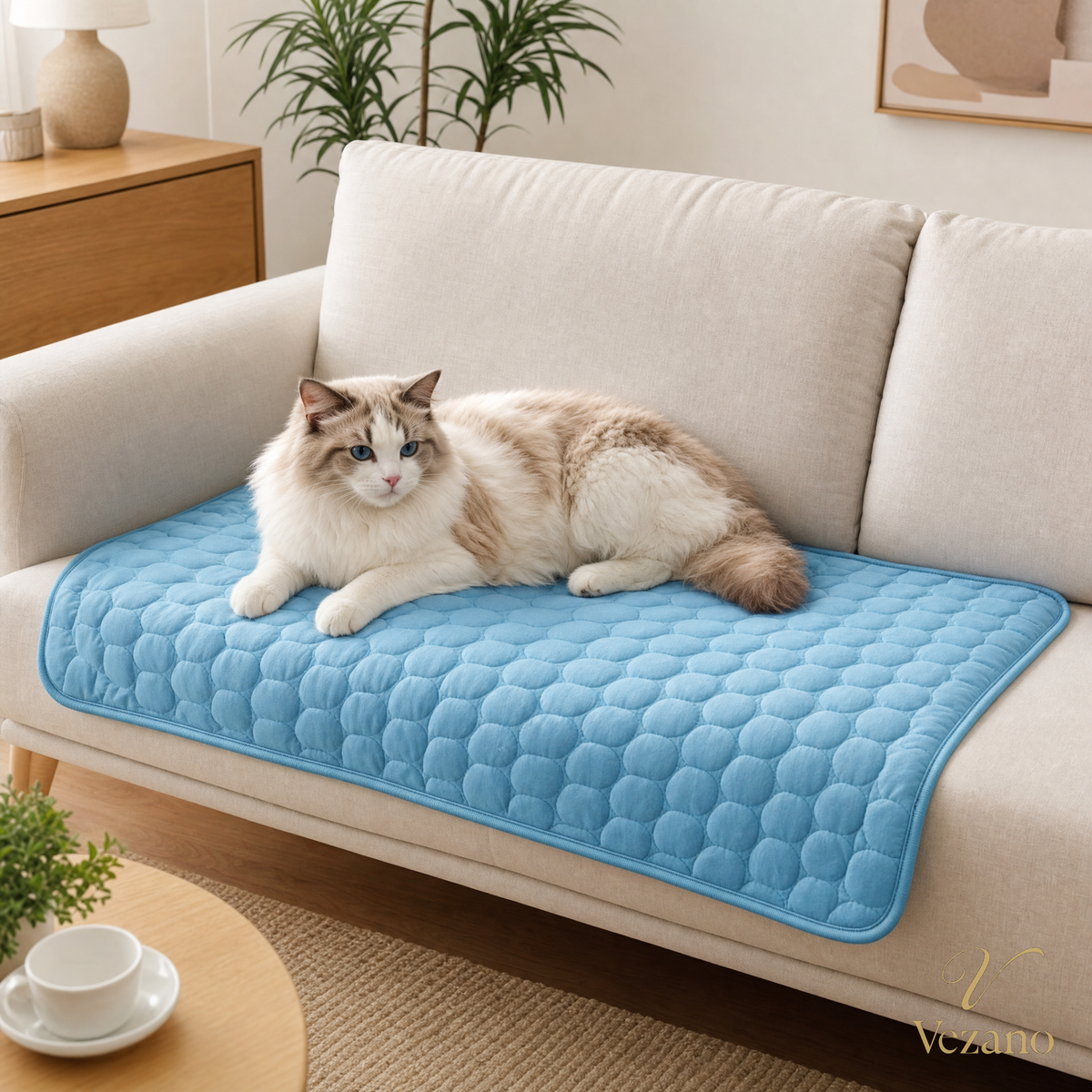Vezano Zelfkoelende Huisdiermat in gebruik op de bank