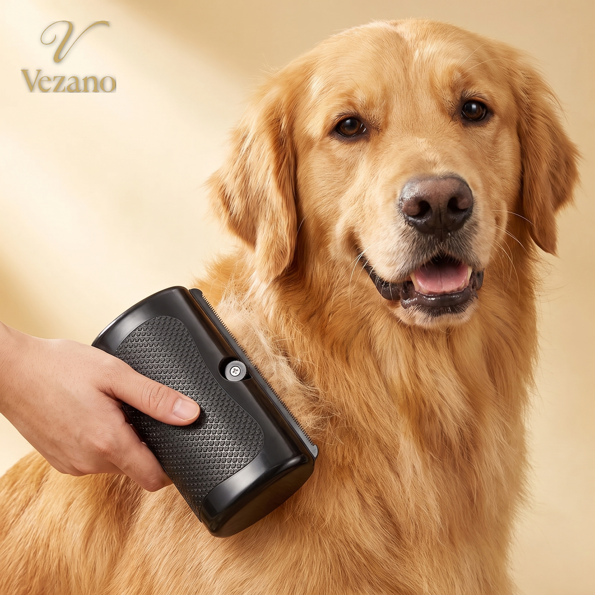 Vezano Compacte Ontharingsborstel - luxe productfoto met golden retriever