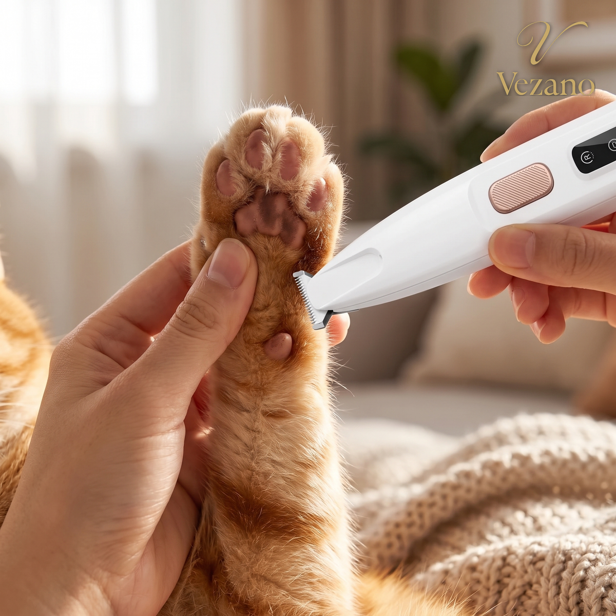 Vezano LED pootjes trimmer gebruikt op de onderkant van een kattenpoot